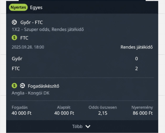 Nyertes szelvény: 40 000 forint tétből 86 000 forint nyeremény, 2,15-ös össz odds